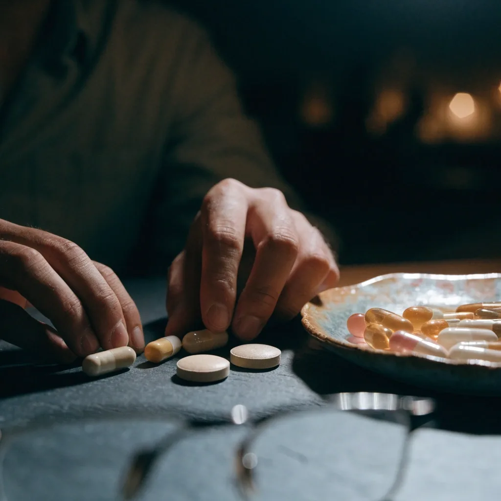 Capsules and tablets in a loose row on dark slate with a dish of blank softgels nearby