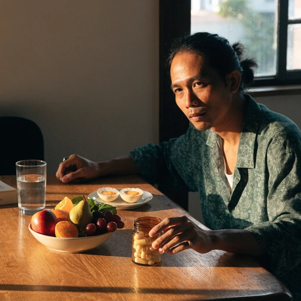 A breakfast table with eggs, fruit, water, and a plain unlabelled jar set aside for the morning routine