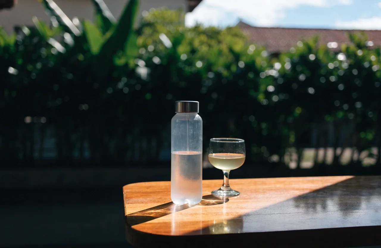A shaded terrace at midday with a reusable water bottle and glass on a teak table against bright tropical foliage