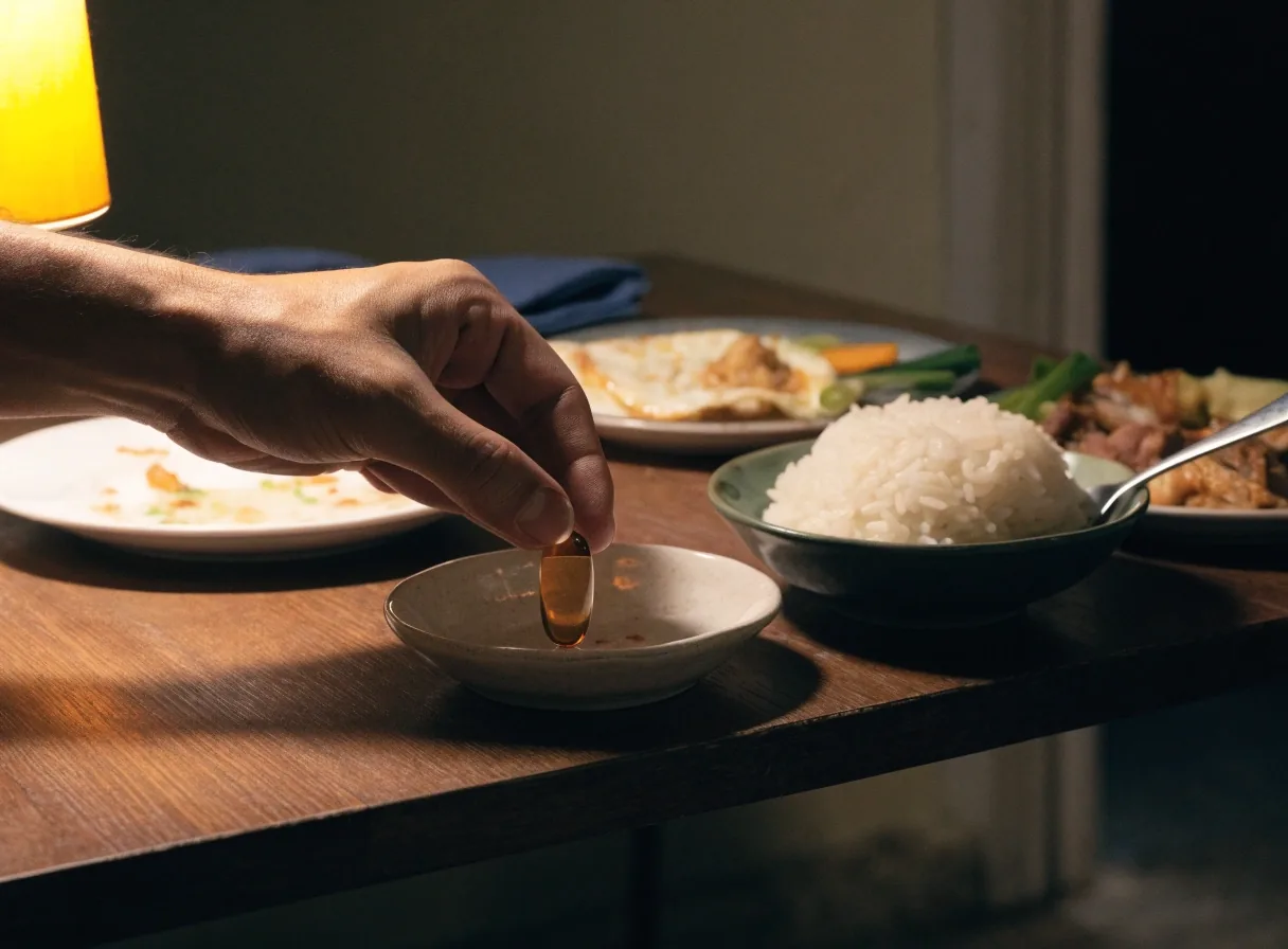 A hand reaching across a shared evening meal table with rice and vegetables, warm low lamp light
