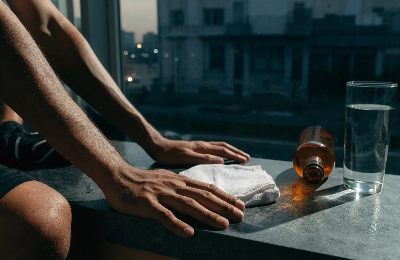 An unlabelled amber glass bottle and a glass of water on a cool counter at night