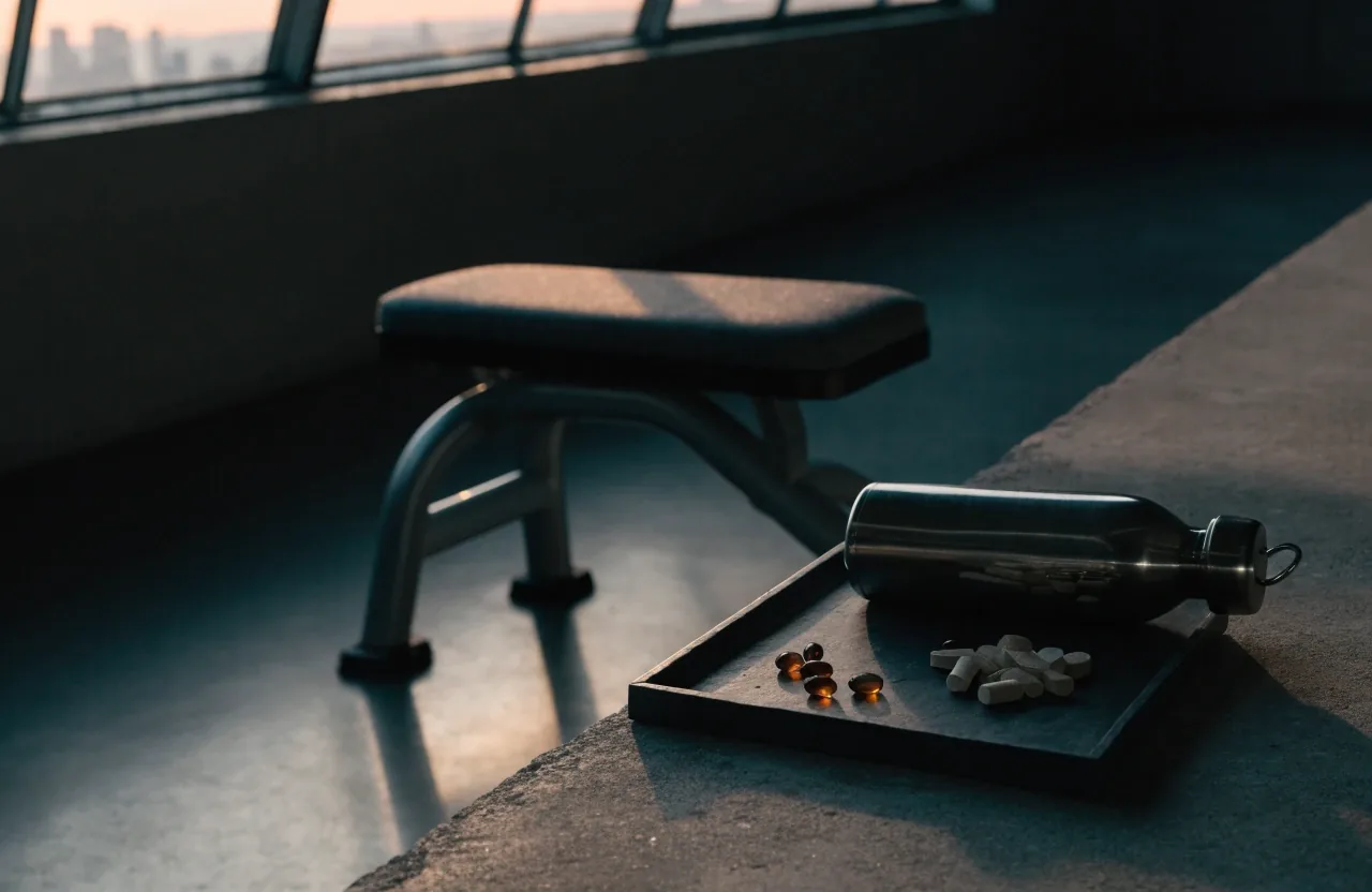 Softgels and matte tablets arranged on a dark slate tray under cold skylight