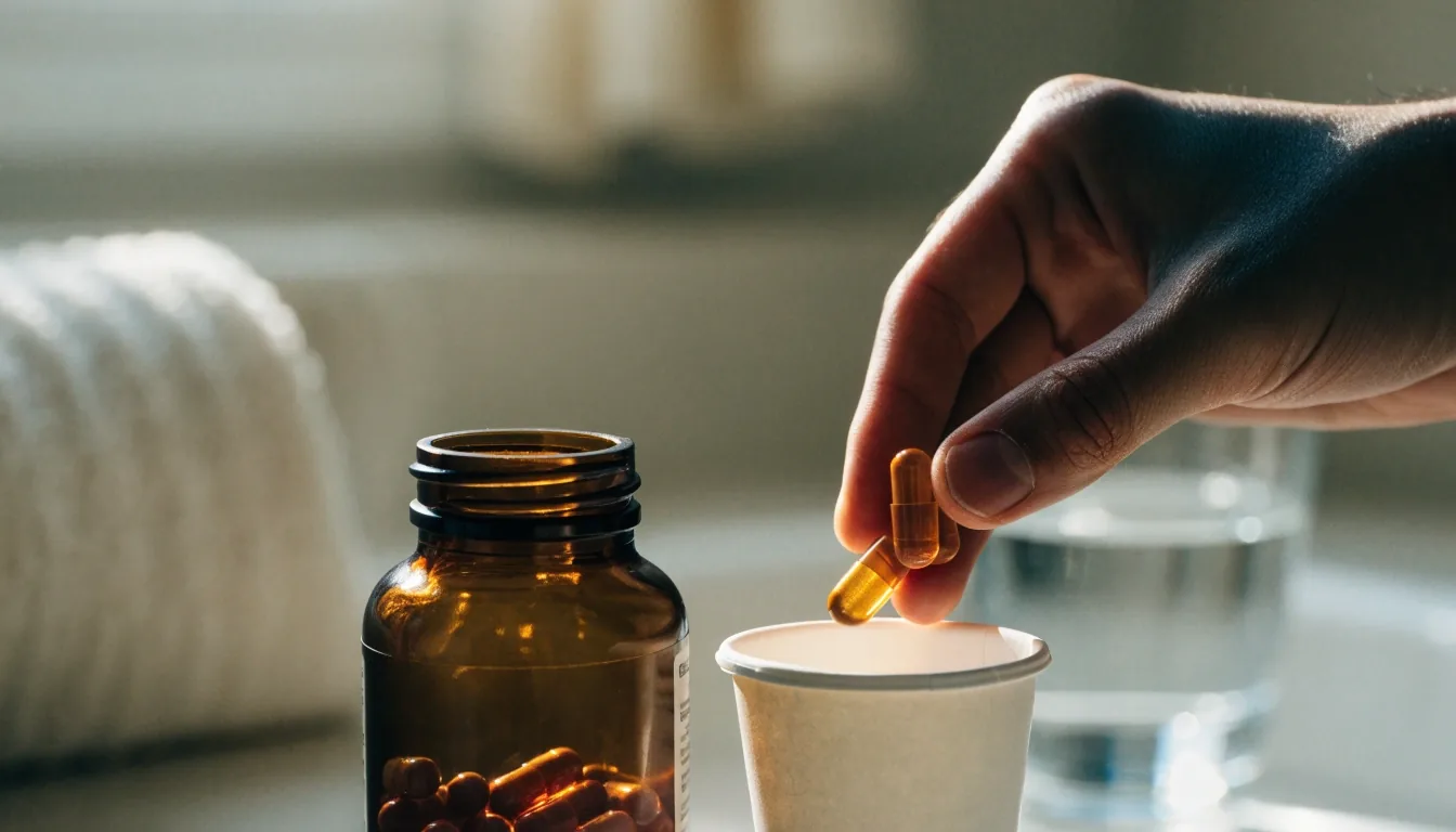 A hand scooping softgels into a paper cup on a slate desk under cold light