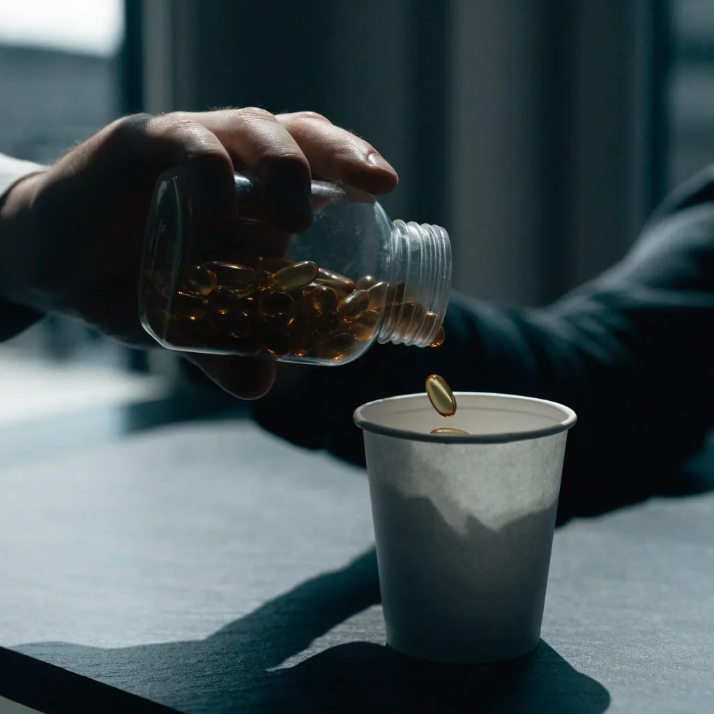 A hand pouring loose softgels into a small plain paper cup on a slate desk