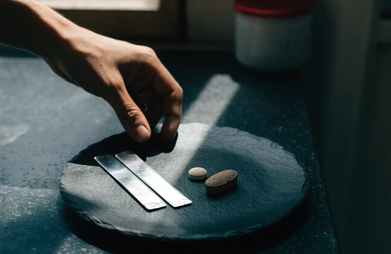 Two blank blister strips beside a matte-coated tablet and a small mineral tablet on a dark slate plate