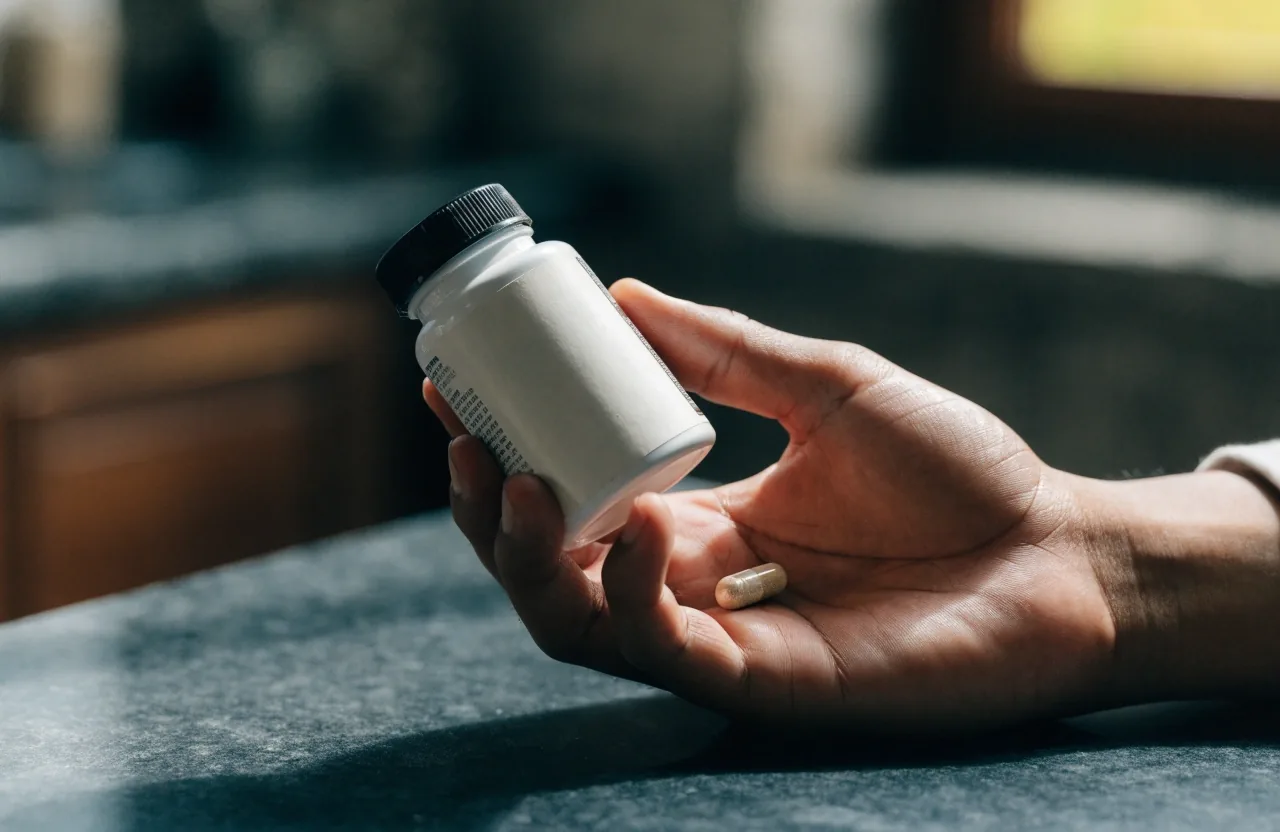 A matte capsule beside a mineral tablet on dark slate with blank blister strips out of focus