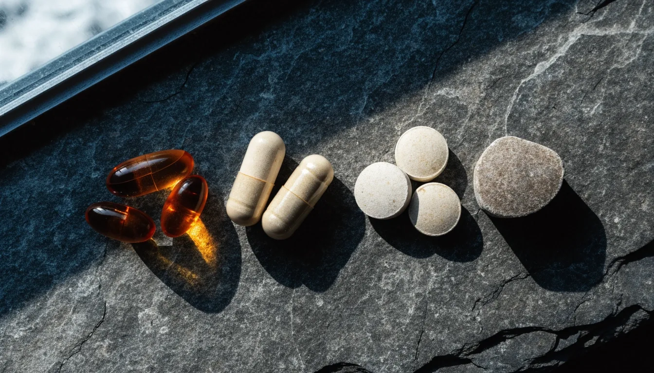 Different capsule and tablet forms arranged in a loose row on dark slate stone
