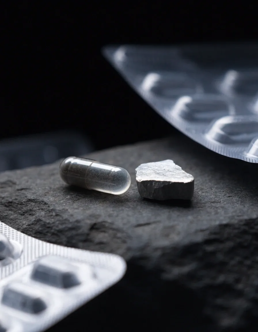 A capsule and a mineral tablet between blank blister strips on dark stone