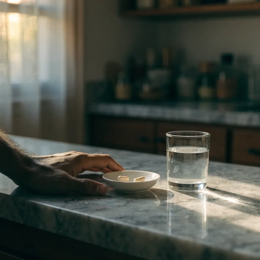 Matte slate bench with unlabelled jars and a blank blister strip under a single cold skylight pool in a dim supplement workroom